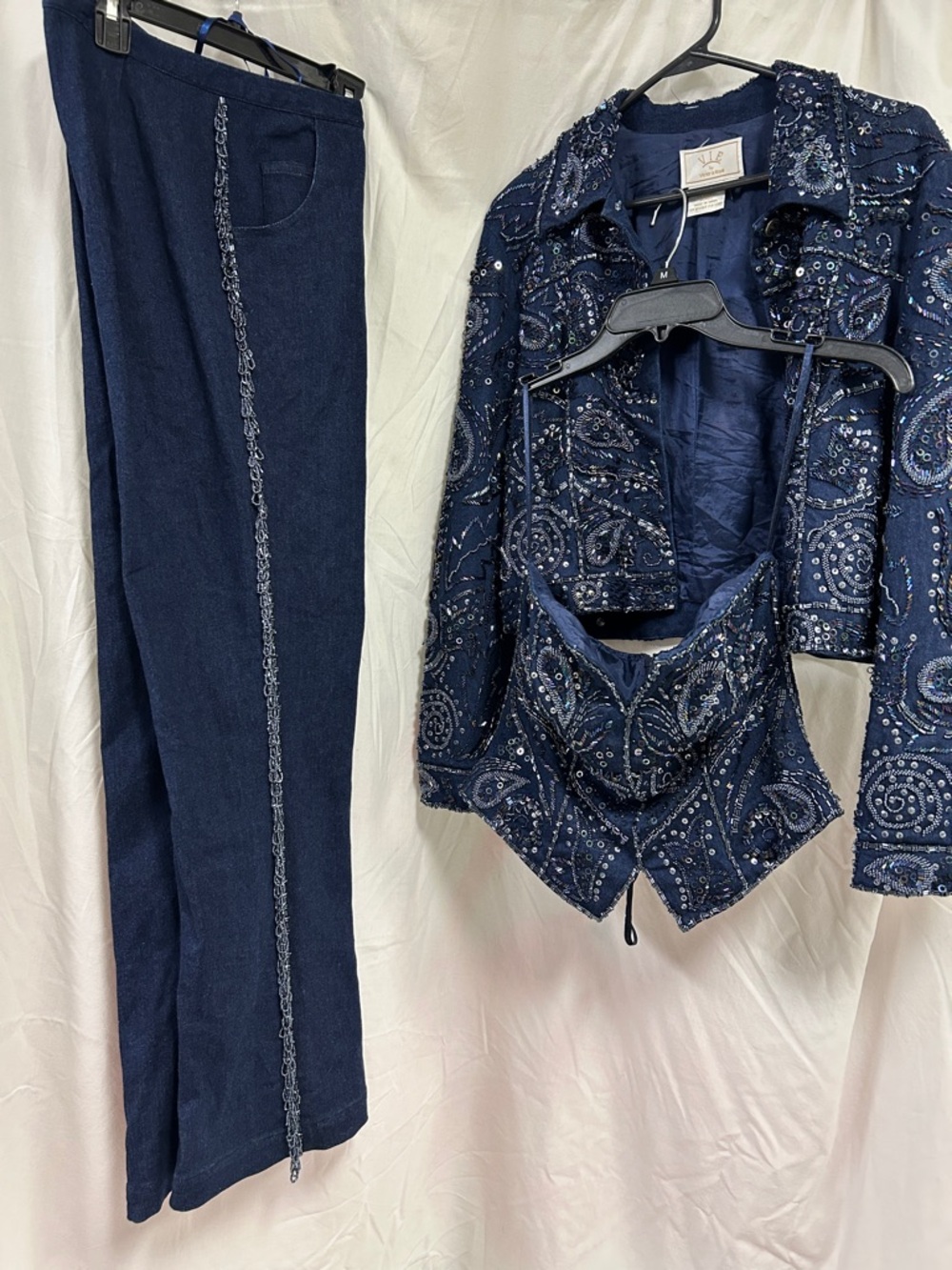 Women's Embellished Navy Straight-Leg Pants - Evening Elegance